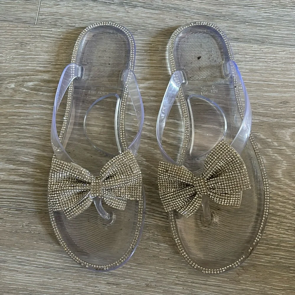 Clear jewel rimmed gel thong slippers with jeweled bows women’s size 8 - Picture 8 of 9